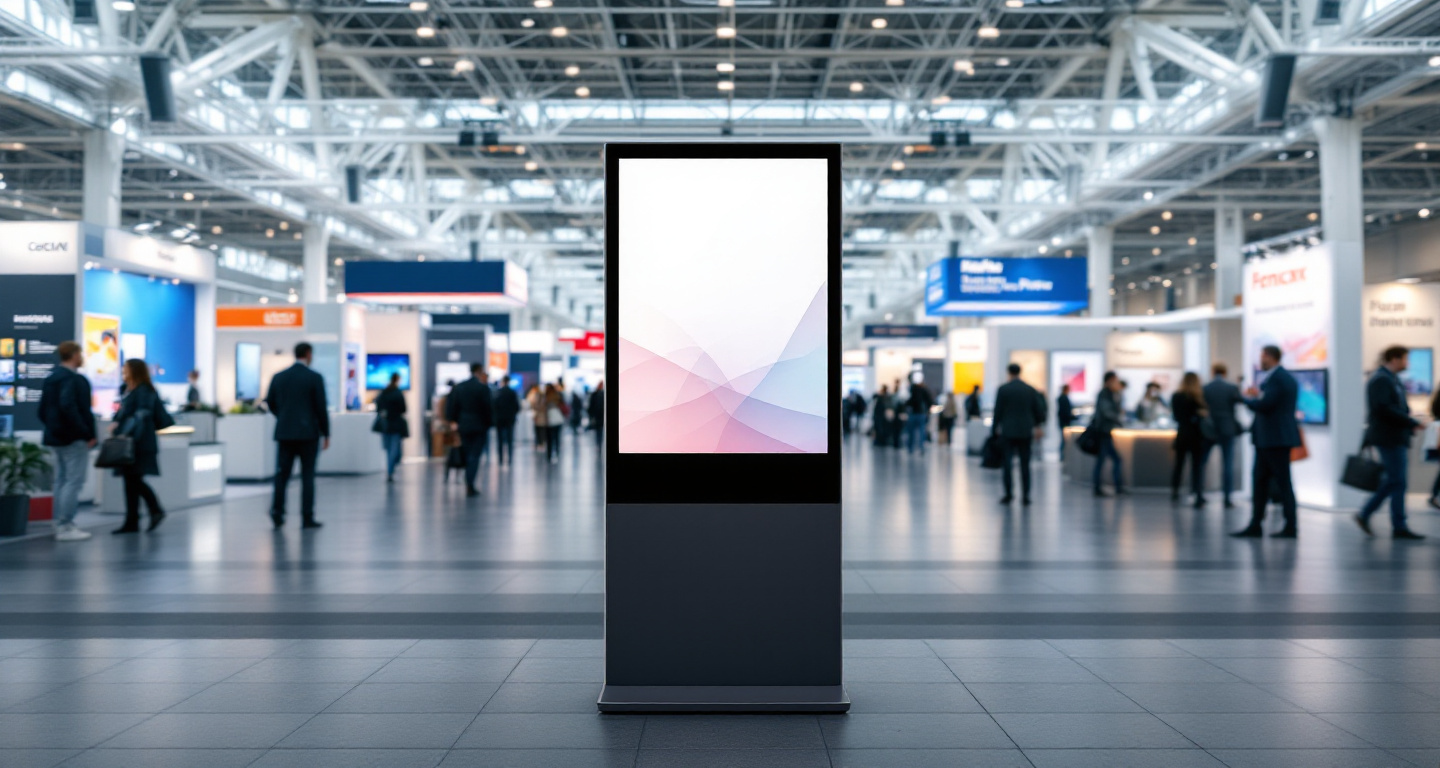 A freestanding interactive touchscreen kiosk on a trade show floor, with exhibition booths in soft focus behind it